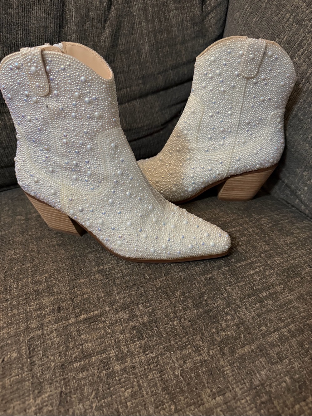 Women’s Cream Embellished Pearl Ankle Boots - Picture 3 of 6